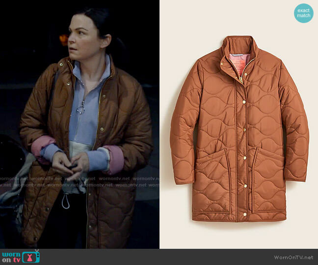 J. Crew Quilted Cocoon Puffer with PrimaLoft in Dark Nutmeg worn by Jodie (Ginnifer Goodwin) on Pivoting