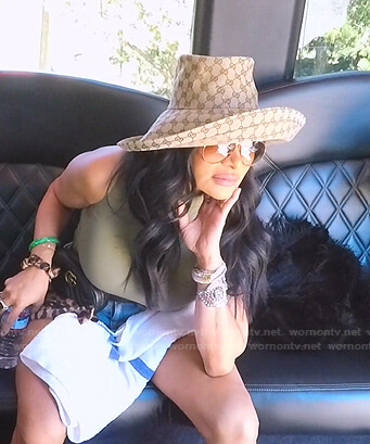 Jen's beige gg print hat on The Real Housewives of Salt Lake City