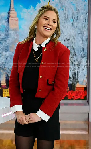 Jenna's red cropped jacket and black shorts on Today