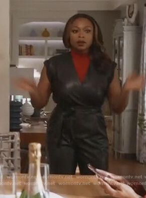 Jill’s black leather wrap jumpsuit on Queens
