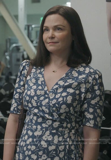 Jodie's blue floral wrap dress on Pivoting