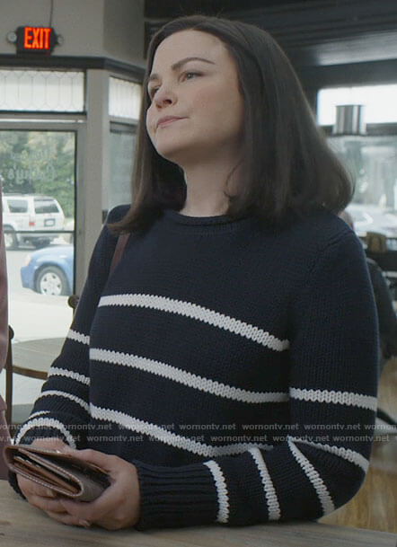 Jodie's navy striped sweater on Pivoting