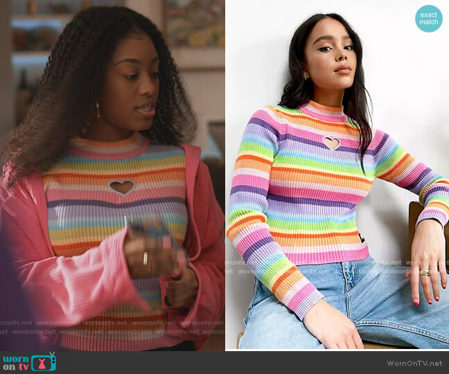 Fitted Ribbed Long Sleeve Top in rainbow stripe with heart cut out by Minga London worn by Jojo (Precious Way) on Queens