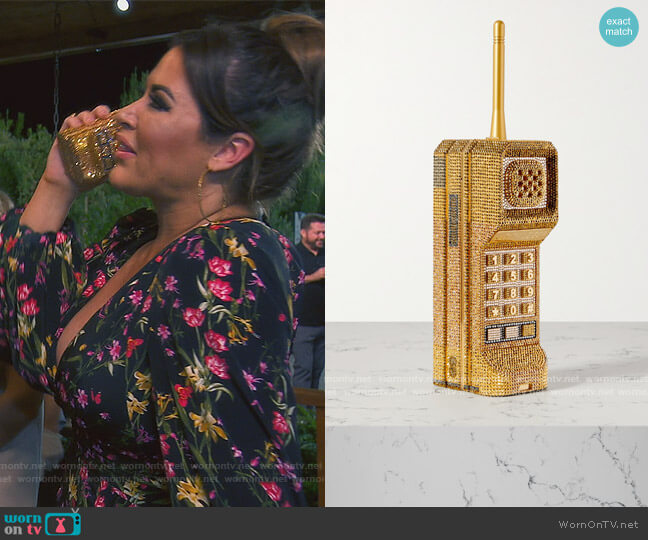 Brick Phone crystal-embellished gold-tone clutch by Judith Leiber Couture worn by Emily Simpson  on The Real Housewives of Orange County