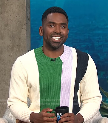 Justin’s multicolored stripe knit sweater on E! News Daily Pop