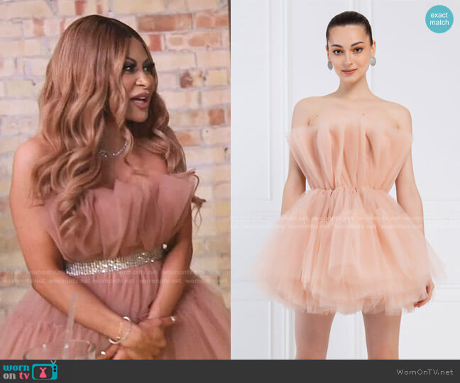 Off the Shoulder Tulle Mini Dress in Nude by Kikiriki worn by Jen Shah  on The Real Housewives of Salt Lake City
