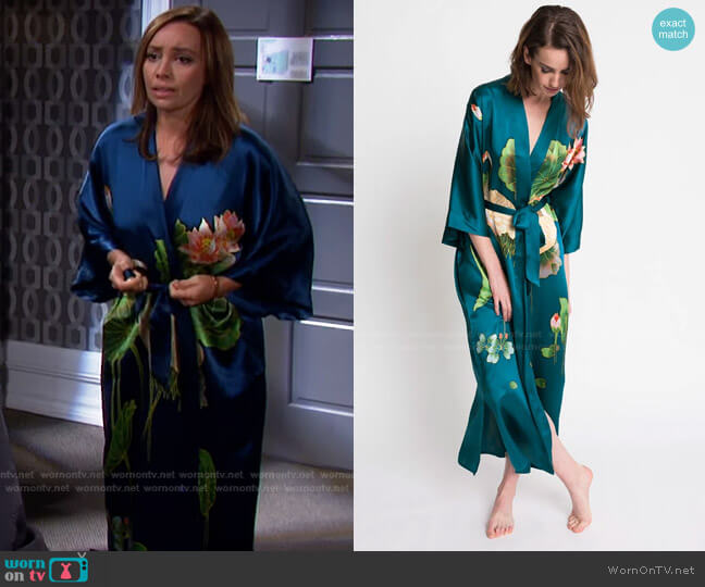 Handpainted Crane Kimono by Kim + Ono worn by Gwen Rizczech (Emily O'Brien) on Days of our Lives