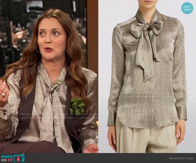 Silk Pussybow Blouse by Kiton worn by Drew Barrymore on The Drew Barrymore Show