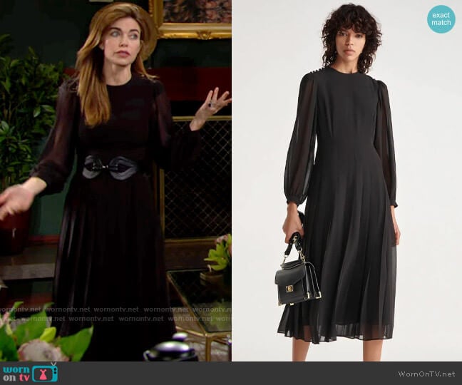 The Kooples Pleated long black dress w/ shoulder buttons worn by Victoria Newman (Amelia Heinle) on The Young and the Restless