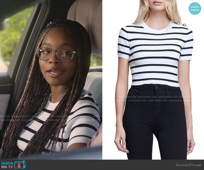 Delphine Stripe Short Sleeve Sweater by L'Agence worn by Diane Johnson (Marsai Martin) on Black-ish