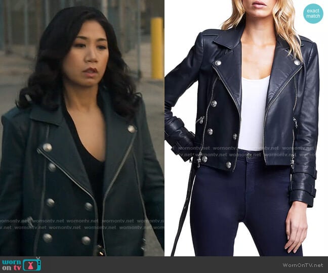 L'Agence Billie Leather Moto Jacket in Midnight worn by Melody Bayani (Liza Lapira) on The Equalizer
