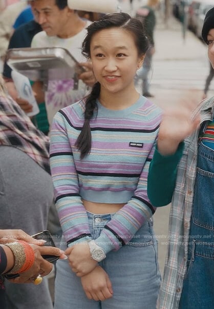Lily's blue striped cropped sweater on And Just Like That