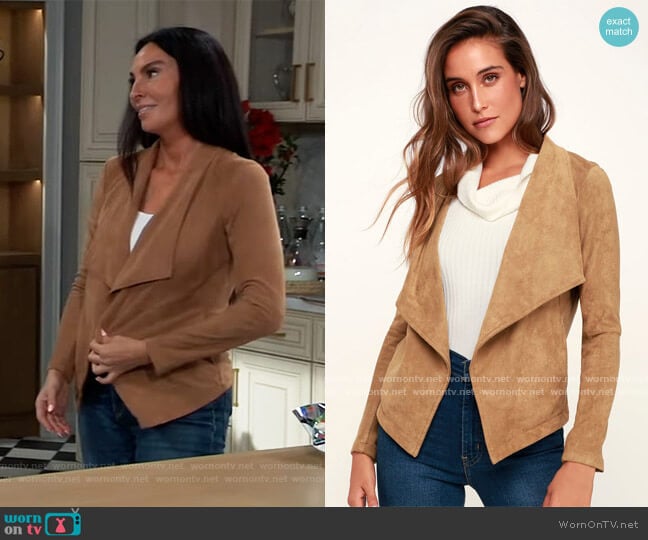 Earned It Tan Suede Lace-Up Back Jacket by BB Dakota worn by Inga Cadranel on General Hospital worn by Harmony Miller (Inga Cadranel) on General Hospital