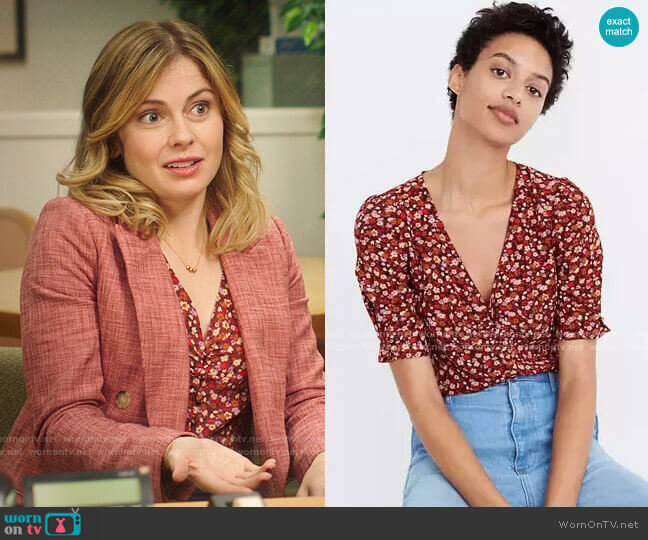 Madewell Silk Button-Sleeve Top in Spring Prairie worn by Sam (Rose McIver) on Ghosts