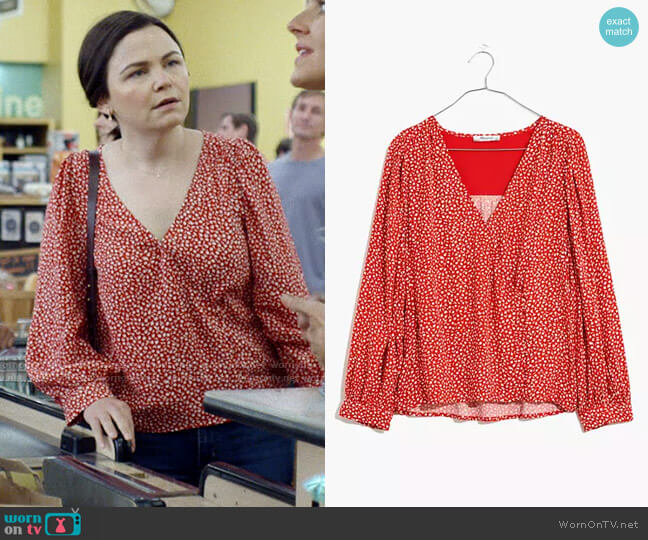 Madewell Kinston Side-Button Wrap Top in Park Picnic worn by Jodie (Ginnifer Goodwin) on Pivoting