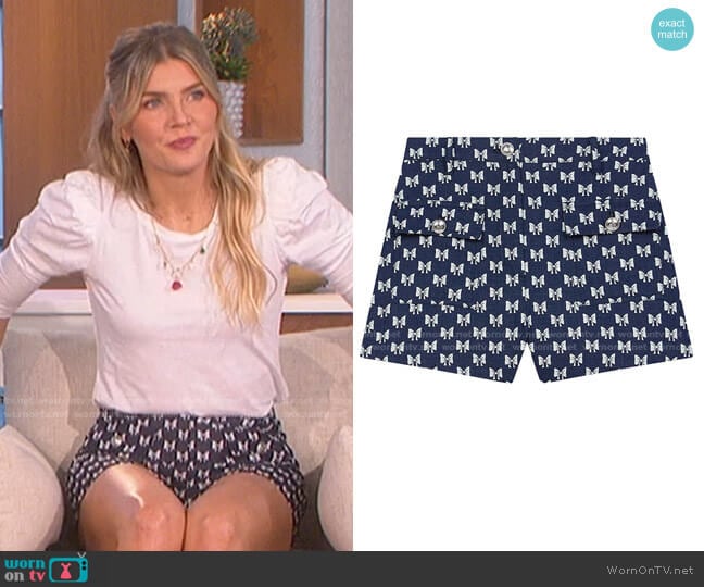 Ionala Bow-Print Jacquard Shorts by Maje worn by Amanda Kloots on The Talk