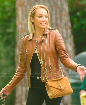 Mary’s brown leather moto jacket on Selling Sunset