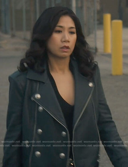 Mel's blue leather jacket with silver buttons on The Equalizer