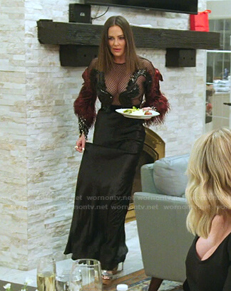 Meredith's feather embellished mixed media dress on The Real Housewives of Salt Lake City
