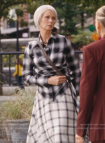 Miranda's black plaid wrap blouse on And Just Like That