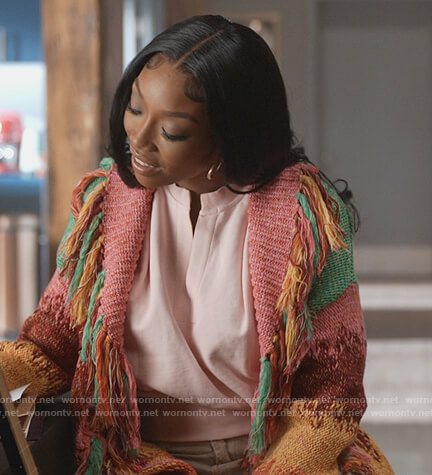Naomi's multicolored knit fringe cardigan on Queens