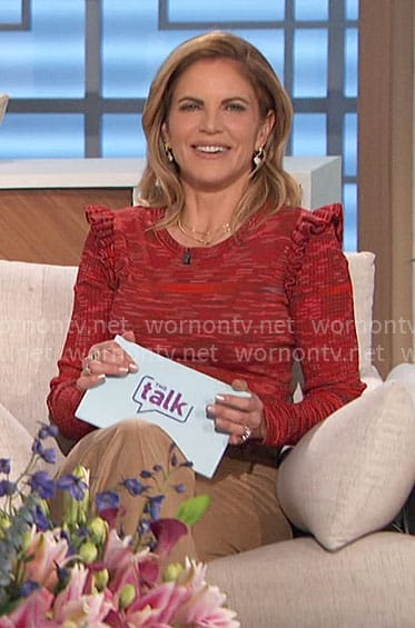 Natalie's red space dye ruffle sweater on The Talk