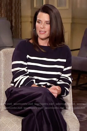 Neve Campbell’s navy stripe sweater on The Drew Barrymore Show