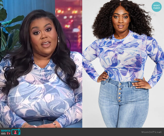 Plus Size Printed Mesh Bodysuit by Nina Parker worn by Nina Parker on E! News