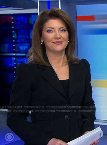 Norah’s black puff sleeve blazer on CBS Evening News
