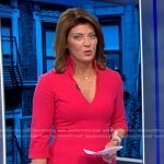 Norah’s pink stand collar v-neck dress on CBS Evening News