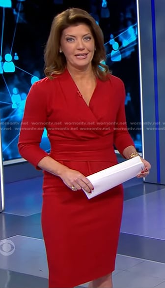 Norah's red surplice peplum dress on CBS Evening News