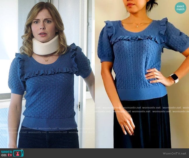 & Other Stories Frilled Puff Sleeve Knit Top worn by Sam (Rose McIver) on Ghosts