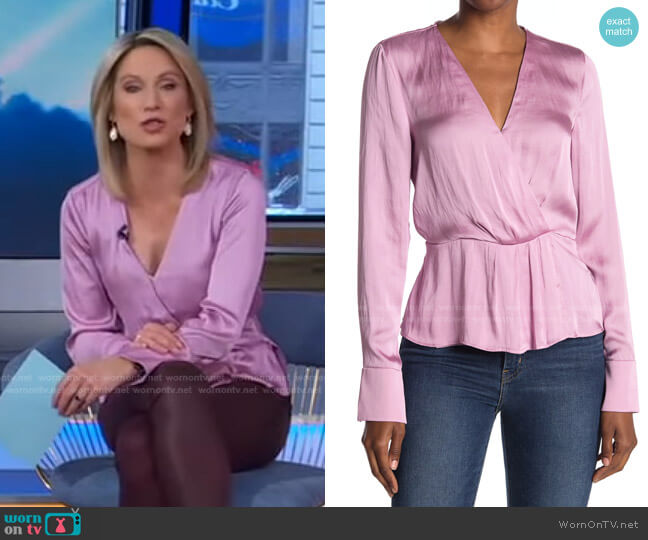 Vistah Surplice Satin Peplum Blouse by Paige worn by Amy Robach on Good Morning America