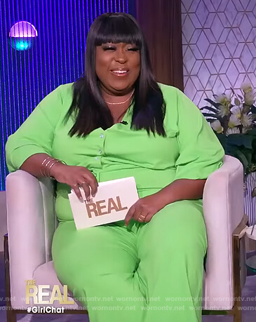 Loni's green tie waist jumpsuit on The Real