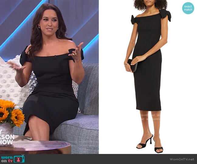 Winslow off-the-shoulder bow-embellished textured-crepe midi dress by Rebecca Vallance worn by Lacey Chabert on The Kelly Clarkson Show