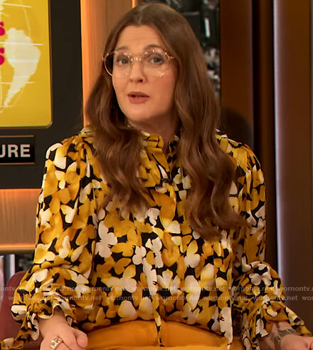 Drew’s butterfly print blouse on The Drew Barrymore Show