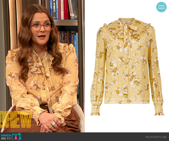 Floral-printed ruffled silk Blouse by Rodarte worn by Drew Barrymore on The Drew Barrymore Show