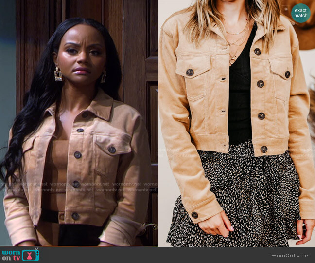 Magnolia Cropped Corduroy Jacket by Rose & Remington worn by Chanel Dupree (Raven Bowens) on Days of our Lives