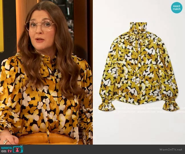 Pussy-Bow Ruffled Silk-Satin Jacquard Blouse by Saint Laurent worn by Drew Barrymore on The Drew Barrymore Show