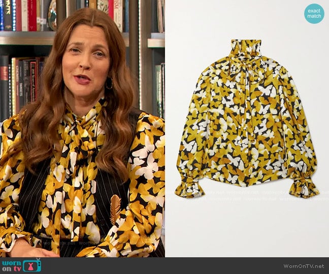 Pussy-bow ruffled silk-satin jacquard blouse by Saint Laurent worn by Drew Barrymore on The Drew Barrymore Show