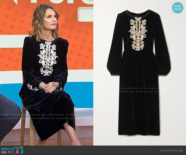 Camille Embellished Embroidered Velvet Midi Dress by Saloni worn by Savannah Guthrie on Today