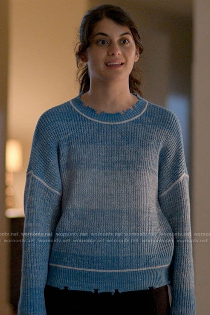 Sam’s blue distressed trim sweater on Single Drunk Female