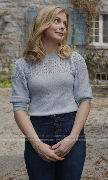 Sam's blue pointelle sweater and button detail jeans on Ghosts