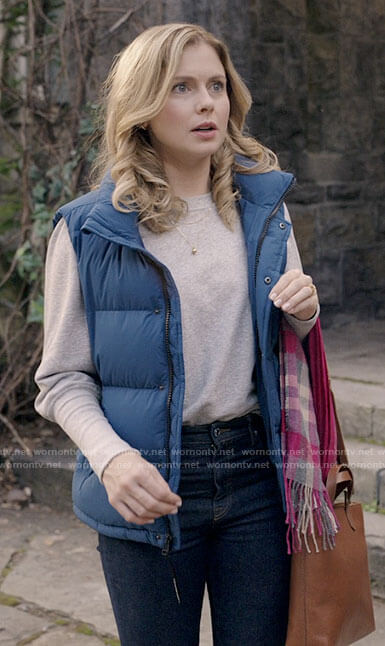 Sam's grey puff sleeve top and blue puffer vest on Ghosts