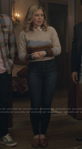 Sam’s graphic print sweater and jeans on Ghosts
