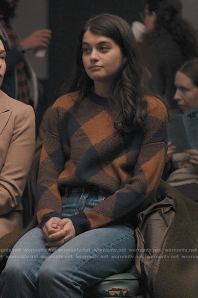 Sam’s tan and navy checked sweater on Single Drunk Female