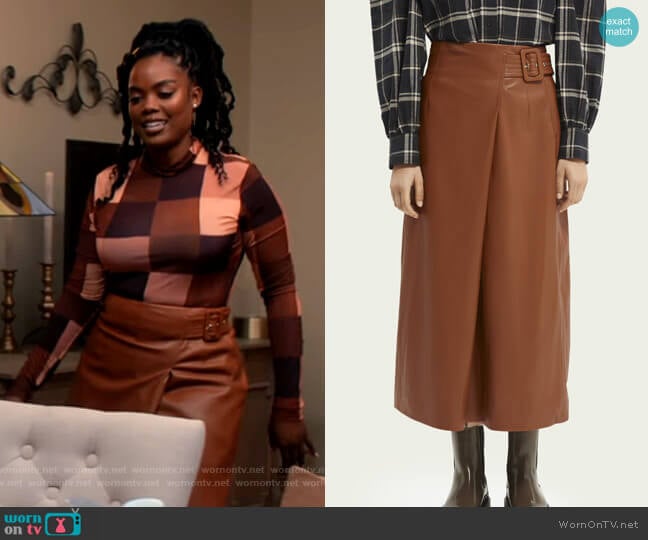 Scotch & Soda Wrap-over faux leather skirt worn by Sabrina Hollins (Novi Brown) on Tyler Perrys Sistas