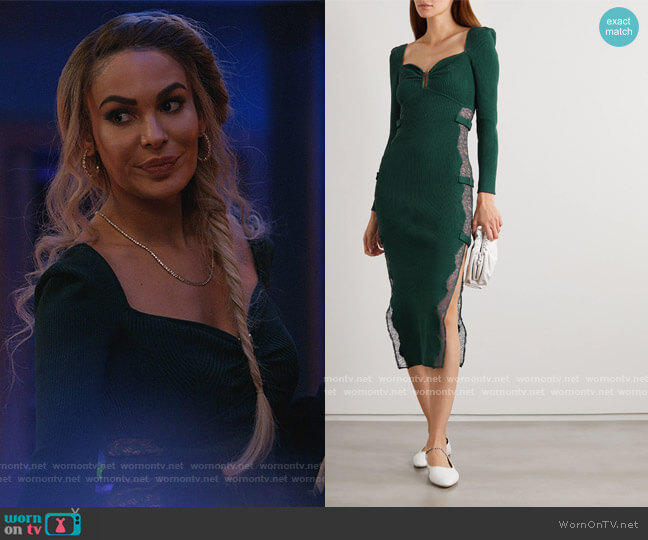 Lace-paneled ribbed-knit midi dress by Self Portrait worn by Valeria (Nadine Velazquez) on Queens