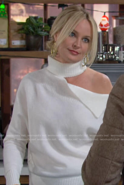 Sharon's white turtleneck with cutout shoulder on The Young and the Restless