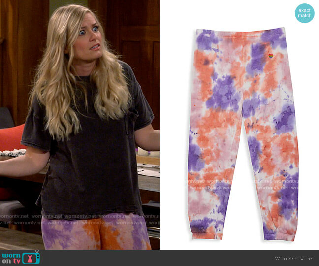 Spiritual Gangster Perfect Sweatpants in Purple/Sherb/Lav Tie Dye worn by Gemma (Beth Behrs) on The Neighborhood